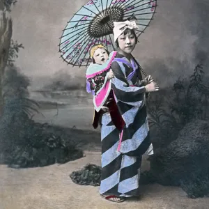 Young girl and baby, Japan, circa 1880s. Date: circa 1880s