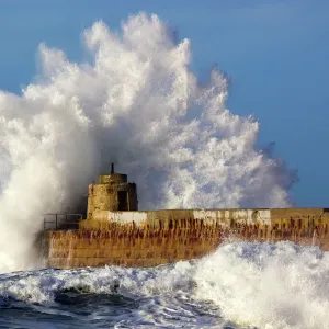 Portreath Storm - Wave Breaks Over Pier Print, Cornwall, UK Portreath Storm - Wave Breaks Over Pier Print, Cornwall, UK