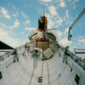 Astronaut van Hoften in Shuttle cargo bay, 41-C