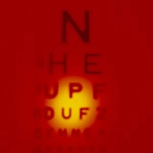 Blurred view of a Snellen eye test chart
