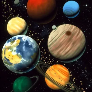 Computer artwork print of the solar system planets
