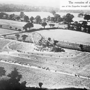 Aerial view of a crashed Zeppelin in an English field, 1918 print