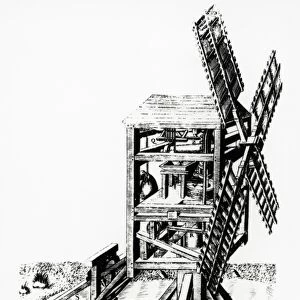 Cut-away artwork of a windmill for grinding corn