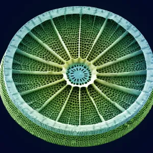 SEM Diatom Print: Arachnoidiscus sp. at x250 magnification, 10 cm wide SEM Diatom Print: Arachnoidiscus sp. at x250 magnification, 10 cm wide