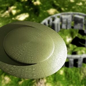 Flying saucer over Stonehenge, artwork
