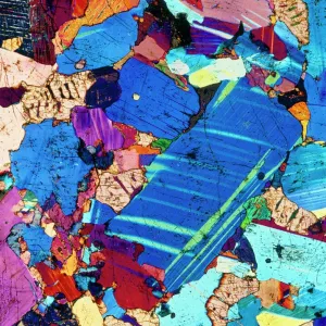 Polarised LM of a thin section of gabbro rock