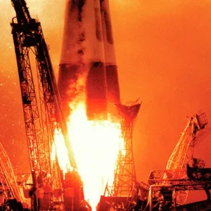 Sputnik 1 Launch Print: A photograph of the R-7 Semyorka rocket in flight Sputnik 1 Launch Print: A photograph of the R-7 Semyorka rocket in flight