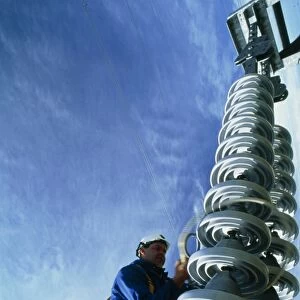 Technician servicing a power line insulator