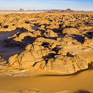 Aerial of beautiful rock formations in the Djado plateau, Tenere Desert, Sahara, Niger
