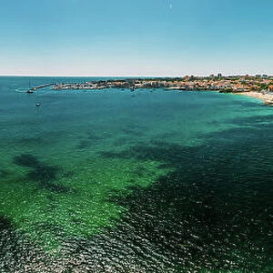 Aerial drone panoramic view of Cascais and Estoril coastlines with turquoise water, Cascais, 30km west of Lisbon, Portuguese Riviera, Portugal, Europe