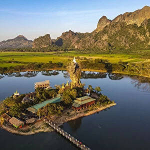 Aerial of the Kyauk Kalap pagoda, Hpa-An, Kayin state, Myanmar (Burma), Asia