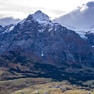 Aerial panoramic of Eiger and Schreckhorn in autumn from First and Grindelwald