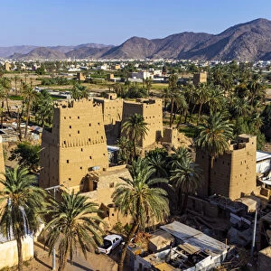 Aerial of traditional build mud towers used as living homes, Najran
