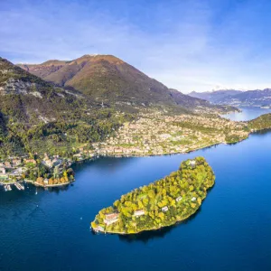 Aerial view of Comacina Island and Tremezzina in autumn, Lake Como, Lombardy