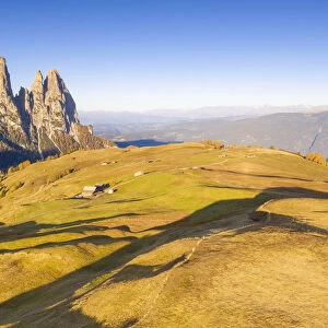 Aerial view by drone of autumn colors at Alpe di Siusi (Seiser Alm