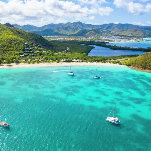 Aerial view by drone of Hermitage Bay and Caribbean Sea, Antigua, Antigua and Barbuda