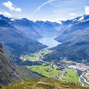 Aerial view of Lovatnet lake, Loen village and Nordfjord, Stryn, Sogn og Fjordane county