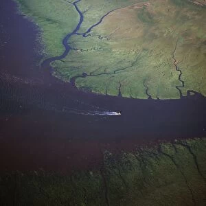 Aerial view of the mouth of Great Ouse River entering The Wash, Kings Lynn