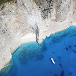 Aerial view of Navagio Beach and shipwreck at Smugglers Cove on the coast of Zakynthos