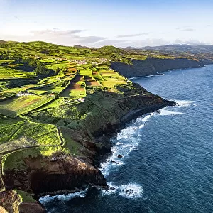 Aerial view of Sao Miguel shores and coastline, Azores Islands, Portugal, Atlantic, Europe