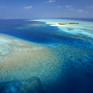 Aerial view of tropical island and lagoon, Maldives, Indian Ocean, Asia