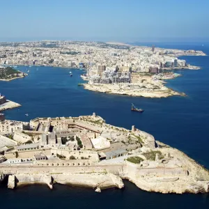 Aerial view of Valletta and St. Elmo Fort, Manoel Island, and Dragutt Point on the right