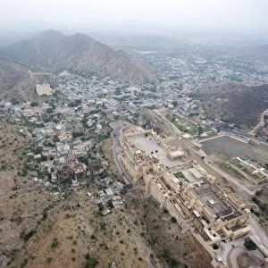 Amber Palace and Amber village in the Aravali hills, seen from the air