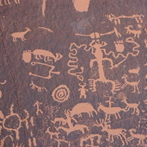 Ancient Indian rock art, petroglyphs, Newspaper Rock, near The Needles section of Canyonlands National Park, Utah, United States of America, North America