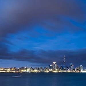 Auckland skyline at night seen from Devenport, Auckland, North Island, New Zealand