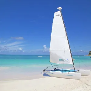 Beach and hobie cat, Long Bay, Antigua, Leeward Islands, West Indies, Caribbean, Central America