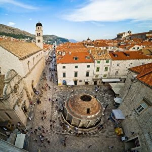 Big Onforio Fountain, Franciscan Monastery and City Bell Tower on Stradun from Dubrovnik City Walls, UNESCO World Heritage Site, Dubrovnik, Dalmatian Coast, Croatia, Europe