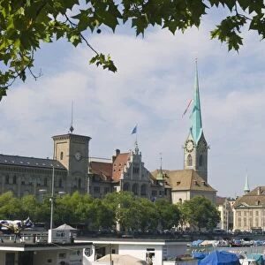 Boats on the Limmat River with St