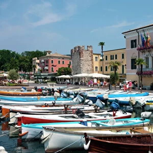 Boats moored in the harbour at Bardolino, Lake Garda, Italian Lakes, Lombardy, Italy, Europe