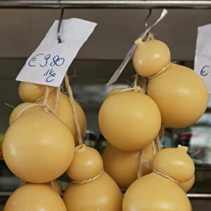 Caciocavallo cheese for sale in a market in Martina Franca, Puglia, Italy, Europe