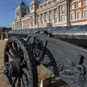 Captured Turkish cannon, Union Flag at half mast on Old Admiralty Building, Horse Guards Parade, Whitehall, London, England, United Kingdom, Europe