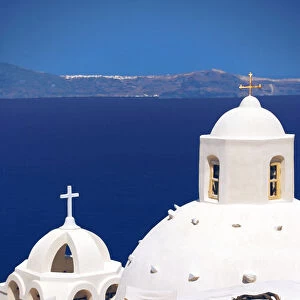 Church overlooking sea, Santorini, Cyclades, Greek Islands, Greece, Europe