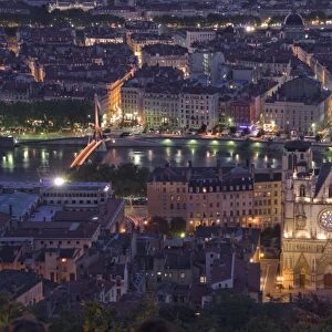 Cityscape, River Saone and cathedral St. Jean at night, Lyons (Lyon), Rhone