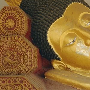 Close-up of head of a reclining Buddha statue