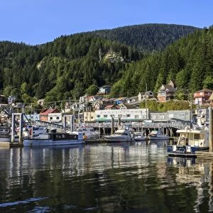 Commercial fishing boats, town and forest, beautiful sunny summer day, Ketchikan waterfront