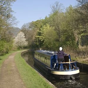 A cruising narrow boat on the Llangollen Canal, Wales, United Kingdom, Europe