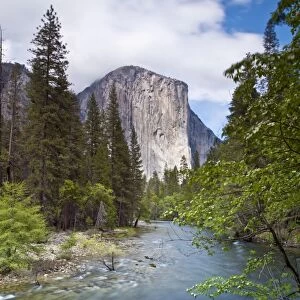 El Capitan, a 3000 feet granite monolith, with the Merced River flowing through Yosemite Valley