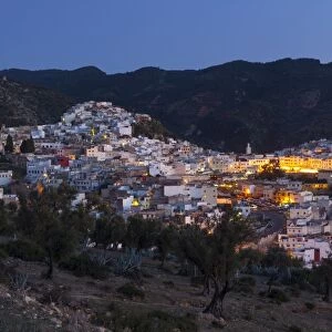 Elevated view over the historic hilltop town of Moulay Idriss at dusk, Morocco, North Africa, Africa