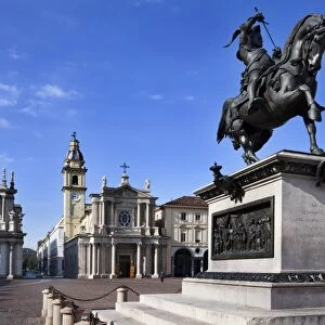 Emanuele Filiberto Statue and Santa Cristina and San Carlo Churches in Piazza San Carlo, Turin, Piedmont, Italy, Europe