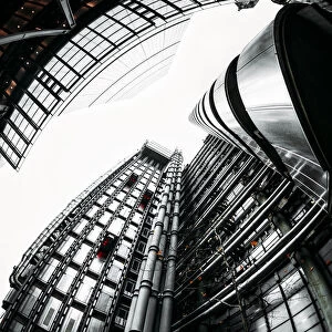 Fisheye view of Lloyds and The Leadenhall Buildings, financial district, City of London