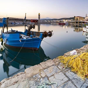 Fishing boats moored in the old Venetian port, Rethymno, Crete island, Greek Islands, Greece, Europe