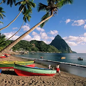 Fishing boats at Soufriere with the Pitons in the background