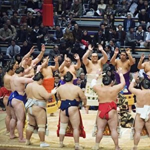 Fukuoka Sumo competition, entering the ring ceremony, Kyushu Basho, Fukuoka city