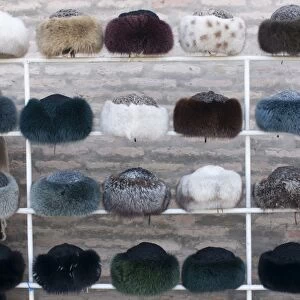 Fur hats for sale, Khiva, Uzbekistan, Central Asia, Asia