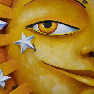 Detail of a giant sunshine made of styrofoam that will appear on a Mardis Gras float