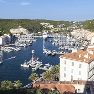 The green vegetation frames the medieval town and harbour, Bonifacio, Corsica, France